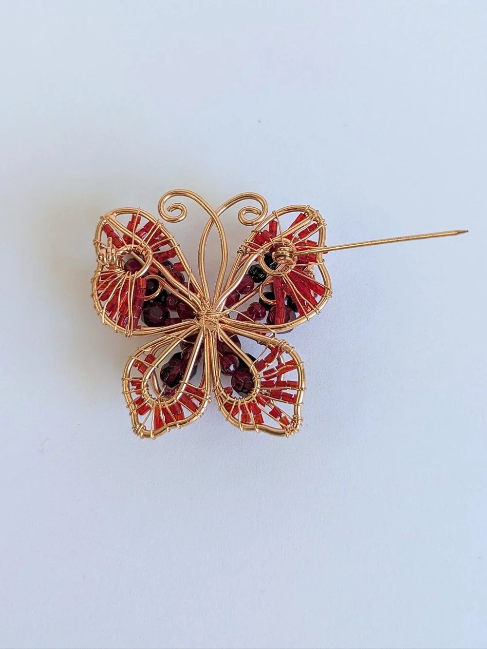 Vintage Wire Wrapped Butterfly Brooch Red Garnet Black Bead Art Glass Boho Pin